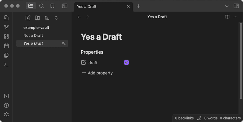 A screenshot of an Obsidian window, with two files listed in the file explorer panel. One filename, called 